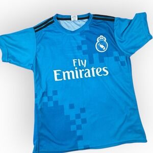Fly Emirates Soccer Jersey Medium Blue Real Madrid Short Sleeve Sports